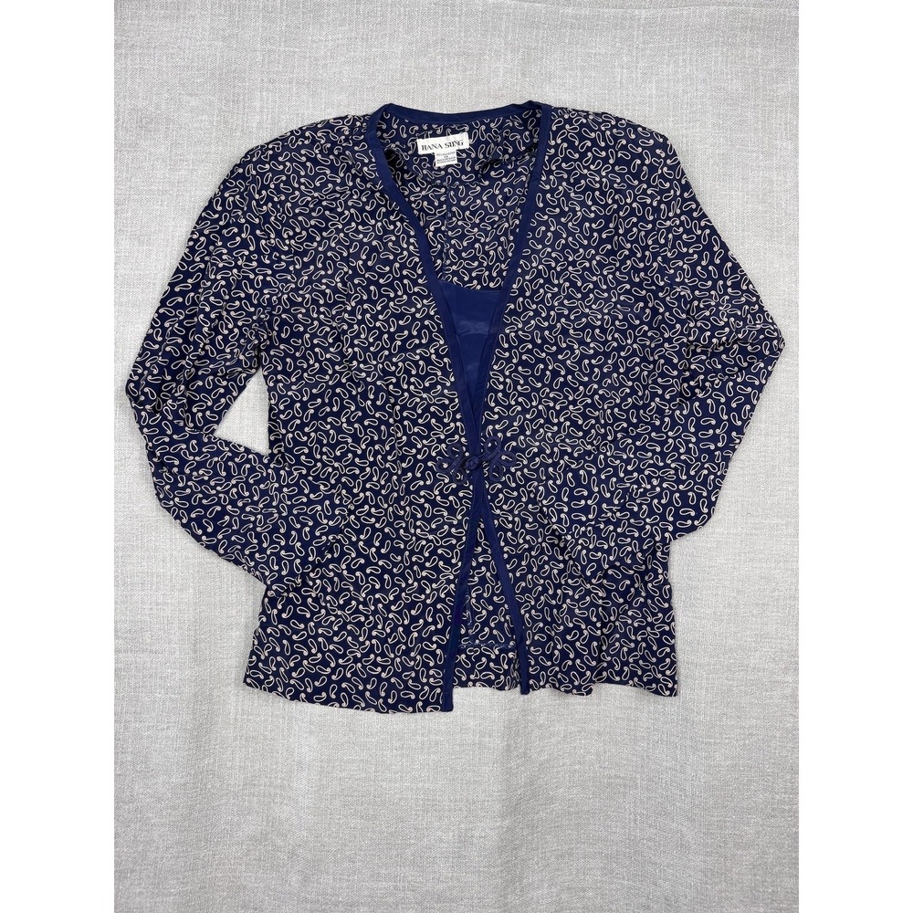 Hana Sung Blouse Womens 14 Blue Paisley Kimono V Neck Tie Front Shoulder Pads